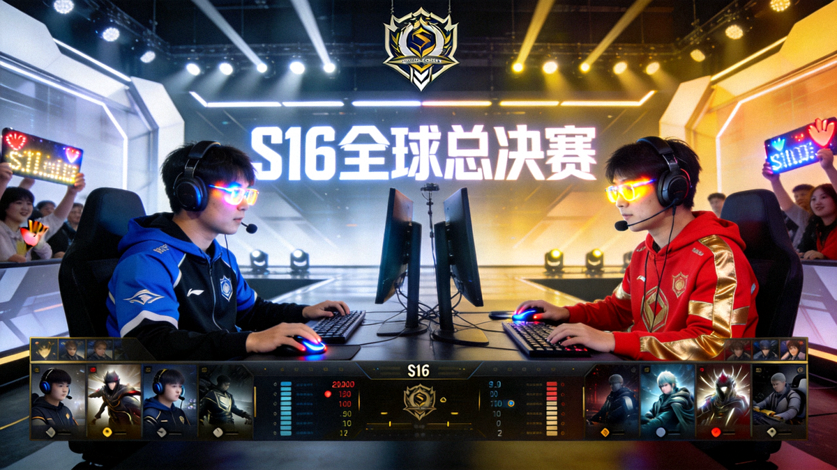 S16全球总决赛高清直播画面，职业选手在舞台中央对战
